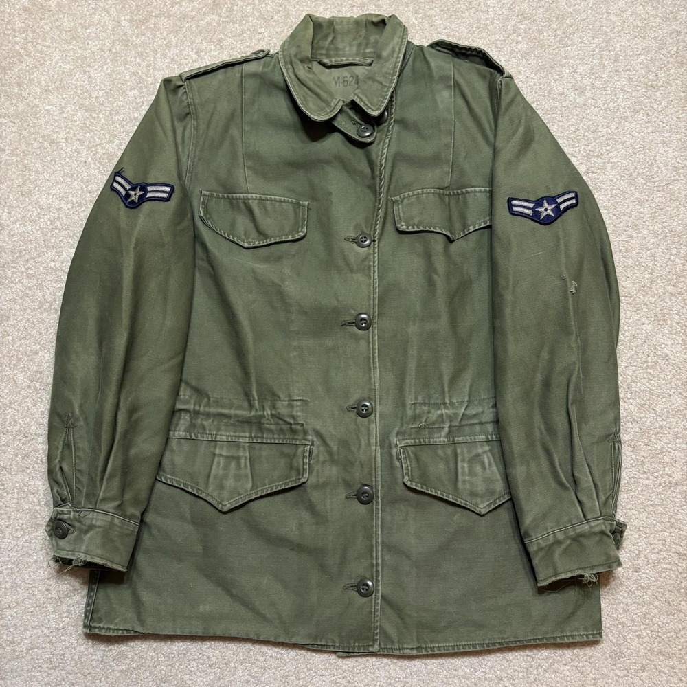 Vtg USAF OG 107 Field Jacket Mens Medium Sateen Green Patches 60s 70s Military